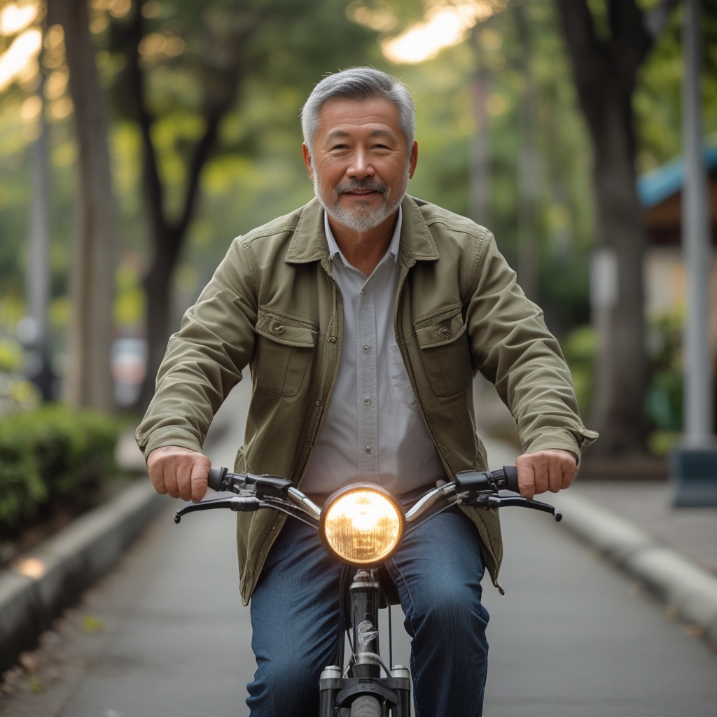 Pria aktif berusia sekitar 50 tahun sedang bersepeda di jalur taman kota yang hijau pada pagi hari, pemandangan cerah dan segar dengan bayangan pepohonan