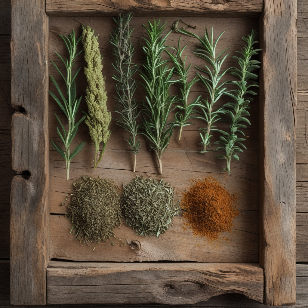 Close-up berbagai herba dan tanaman aromatik segar yang dipotong melintang: batang seledri hijau, daun rosemary, daun oregano kering, dan potongan kunyit segar di atas talenan kayu rustic